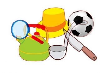 Картинка с чайником, мячиком, шляпой и др. для игры "Назови все предметы на картинке"