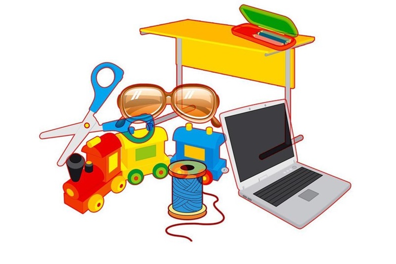 Картинка с поровозиком, партой, ноутбуком, нитками и др. для игры "Назови все предметы на картинке"