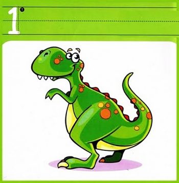 Один динозавр - карточка с прописью для изучения цифры 1
