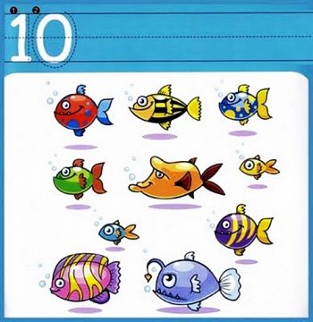 Десять рыбок - карточка с прописью для изучения цифры 10