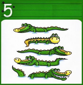 Пять крокодилов - карточка с прописью для изучения цифры 5