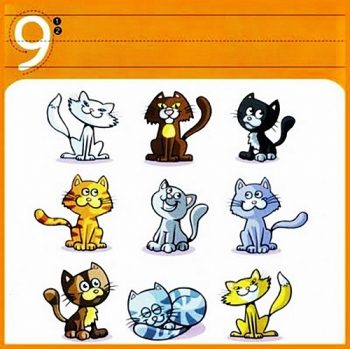 Девять котов - карточка с прописью для изучения цифры 9
