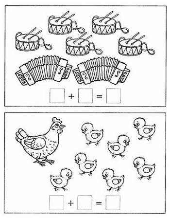 Примеры с музыкальными инструментами и цыплятами для детей 6-7 лет