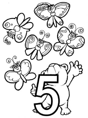 Раскраска цифры 5 - пять бабочек