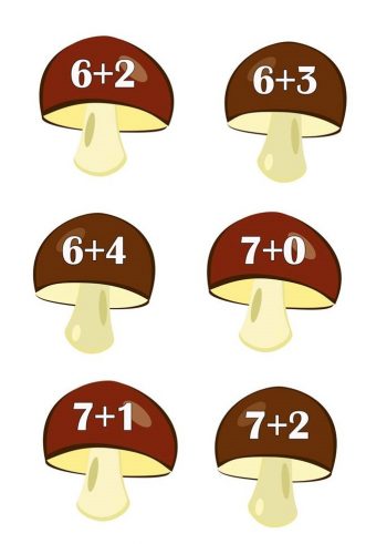 Примеры с числом 6 и 7 для игры с корзинками и грибами