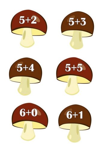 Примеры с числом 5 и 6 для игры с корзинками и грибами
