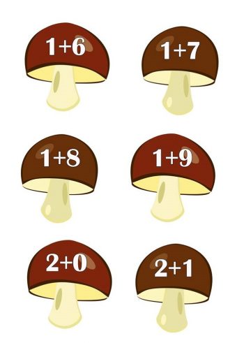Примеры с числом1 и 2 для игры с корзинками и грибами