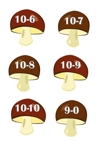 Примеры с числом 10 и 9 для игры с корзинками и грибами