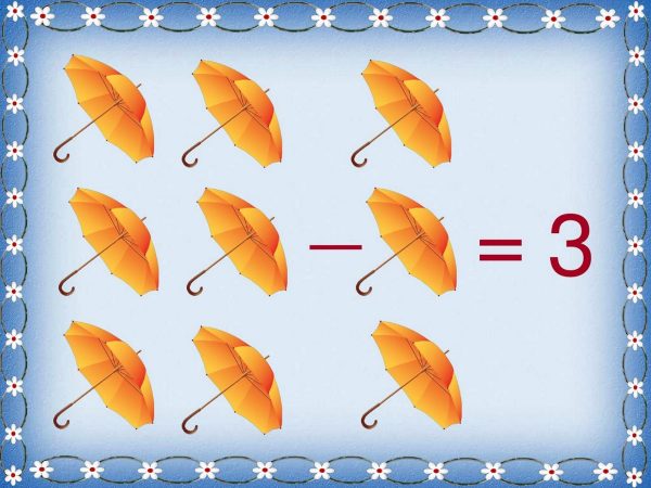 Карточка шесть зонтиков минус три зонтика для демонстрационного материала по математике