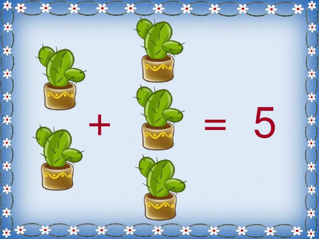 Карточка два кактуса плюс три кактуса для демонстрационного материала по математике