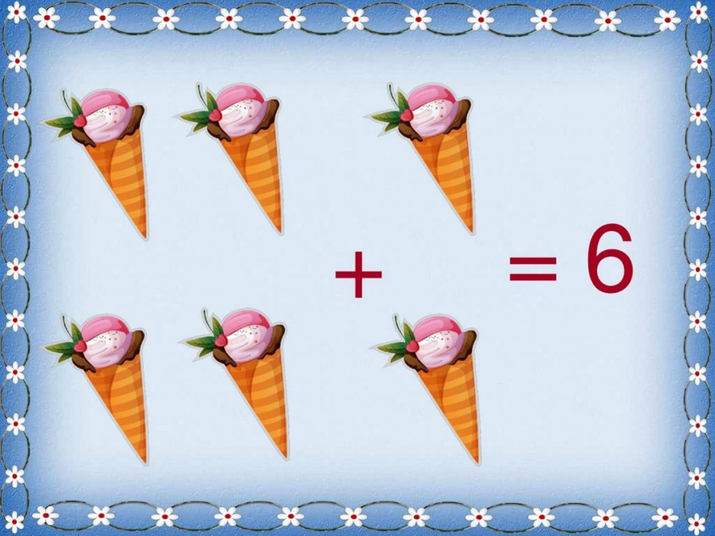 Карточка четыре мороженого плюс два для демонстрационного материала по математике