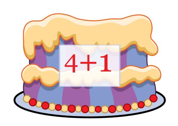 Торт с примером четыре плюс один для дидактической игры по математике