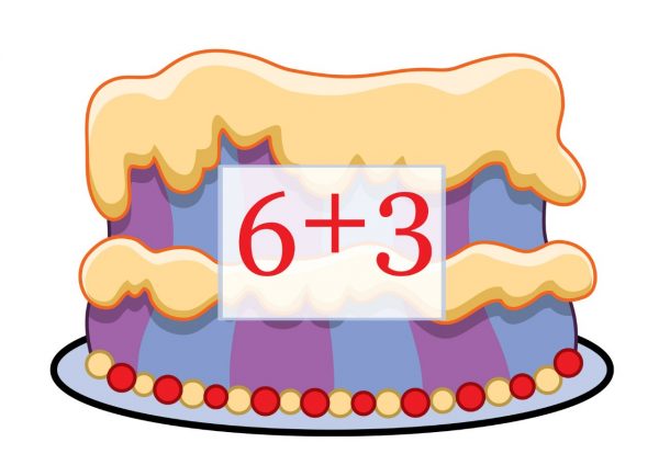 Торт с примером шесть плюс три для дидактической игры по математике